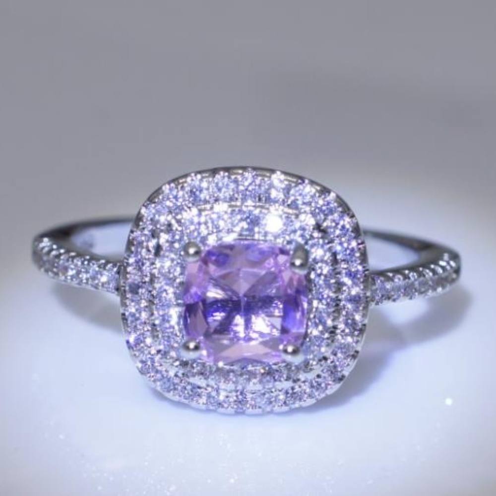 NEW Silver Pink Sapphire Double Halo Diamond Ring - Picture 3 of 4